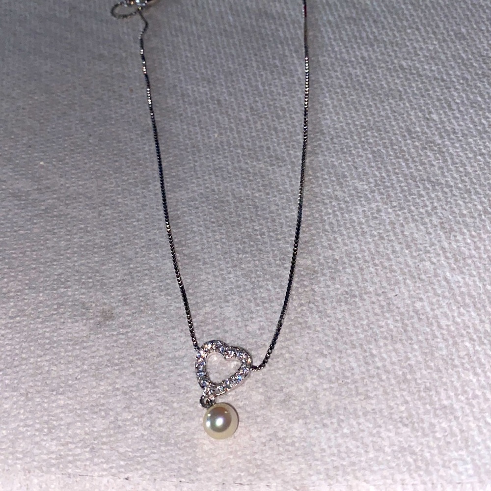 Majorica 8mm Pearl Cubic Zirconia Heart Sterling Silver 16” Necklace